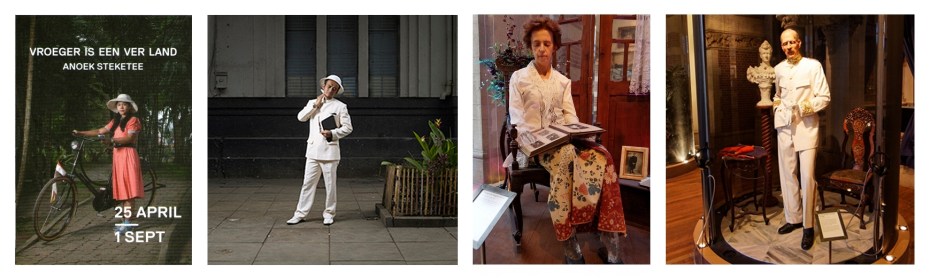 Foto's van Indonesiërs van nu die zich verkleden als Nederlanders in de koloniale tijd tegenover poppen die twee Nederlanders, mevrouw Engelen-Koets en Gouverneur-Generaal B.C. de Jonge, in Nederlands-Indië voorstellen.