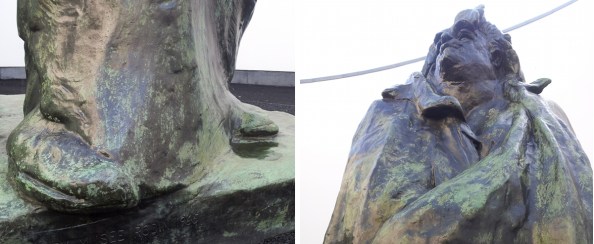 Onder- en bovenkant van Rodins beeld van Balzac in Het Oog van het Van Abbemuseum in Eindhoven.
