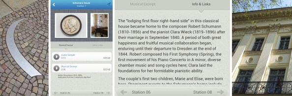 Links: straatmarkering Leipziger Notenspur; midden: de mobiele app van het Leipziger Notenspur (links een screenshot en rechts een uitsnede van een screenshot); rechts: het Schumannhaus.