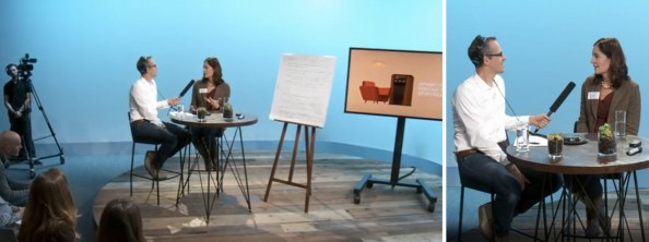 Screenshot van de online cursus 'Power Your Podcast with Storytelling' door Alex Blumberg. Ann heeft zicht aangeboden als vrijwilliger en wordt door Alex geïnterviewd.