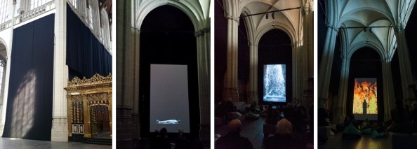 Setting van Bill Viola's 'Tristan's Ascension' en 'Fire Woman' in de Nieuwe Kerk in Amsterdam. De twee rechter foto's zijn gemaakt door Janiek Dam.